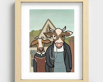 American Gothic Animals Farmstead Cow & Goat Art Print (Print Only)