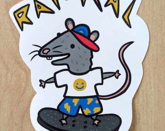 Radical Rat Skateboard Waterproof Sticker "Rat-ical" - 90s Inspired Rodent in Smiley Face Shirt, Vibrant Shorts, and Backwards Hat