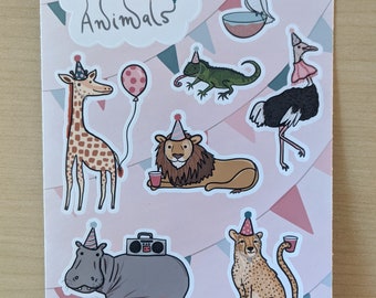 Party Animals Sticker Set w/ Giraffe, Lion, Cheetah, Hippo, Ostrich, Lizard and Cockatoo