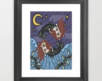Mermaid Cats Tarot Style Pisces Mercat Art Print (Print Only)