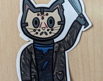 Jason Voorhees "Pawhees" Cat Waterproof Sticker – The Ultimate Horror Kitty Collectible for Friday the 13th Fans!
