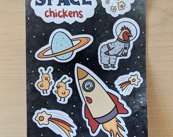 Outer Space Chickens Sticker Sheet w/ Rockets & Astronaut Chicken