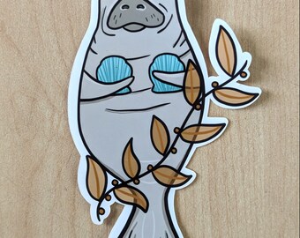 Manatee Mermaid Waterproof Sticker - Whimsical Gray Sea Siren, Decal with Blue Shell Bra and Seaweed Crown for Ocean Enthusiasts