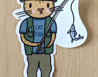 Cat Fishing Cat Fish Sticker - Adorable Illustrated Feline Dad Fishing, Decal for Cat Lovers and Outdoor Enthusiasts
