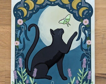 Witchy Black Cat Moon Phase Art Print (Print Only)