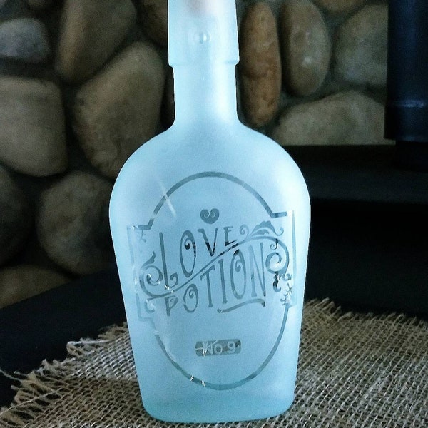 Repurposed, Glass bottle,  Etched, Love Potion No.9, LED Nightlight