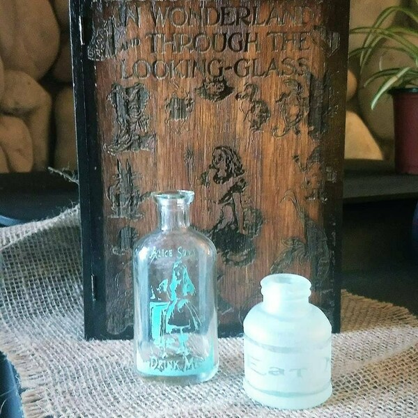 Laser Engraved,Alice's Adventures in Wonderland and through the looking glass, Storage,Book Box,with Repurposed Etched Vintage Glass bottles