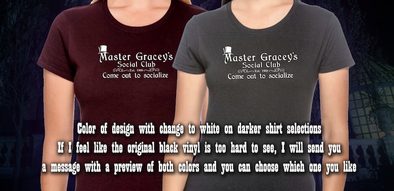 Puede incluir: Dos camisetas para mujeres con un dise&ntilde;o blanco que dice "Master Gracey's Social Club Come out to socialize". El dise&ntilde;o presenta un sombrero de copa y una fuente en espiral. Las camisetas son granate y gris oscuro.
