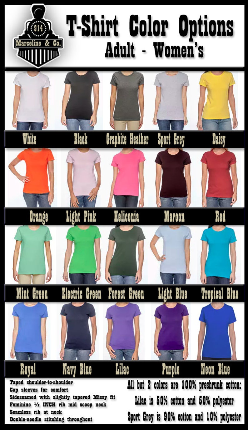 Puede incluir: Un gr&aacute;fico que muestra diferentes colores de camisetas disponibles para mujeres. Los colores incluyen blanco, negro, gris jaspeado, gris deportivo, amarillo claro, naranja, rosa claro, heliconia, marr&oacute;n, rojo, verde menta, verde el&eacute;ctrico, verde bosque, azul claro, azul turquesa, azul real, azul marino, lila, morado y azul ne&oacute;n. El texto indica que todos los colores excepto dos son 100% algod&oacute;n preencogido, lila es 50% algod&oacute;n y 50% poli&eacute;ster, y gris deportivo es 90% algod&oacute;n y 10% poli&eacute;ster.