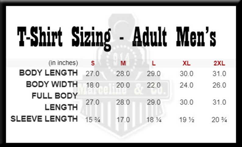 Puede incluir: Tabla de tallas de camiseta para hombres adultos, que muestra las medidas en pulgadas para la longitud del cuerpo, el ancho del cuerpo, la longitud total del cuerpo y la longitud de la manga. Las tallas incluyen S, M, L, XL y 2XL.