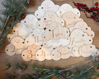 Jeu de cartes jalon nuage en bois - cartes jalon bébé - grossesse - cadeau baby shower - nouveau cadeau bébé - cadeau nouveau-né - accessoire photo bébé