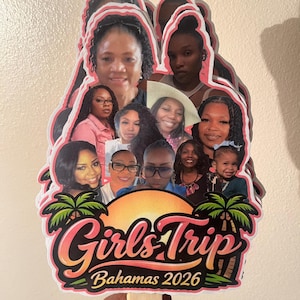 May include: A custom photo collage fan featuring multiple portraits of individuals arranged in a layered design. The base includes a sunset graphic, green palm trees, and the text Girls Trip Bahamas 2026 in a stylized pink and orange gradient font.