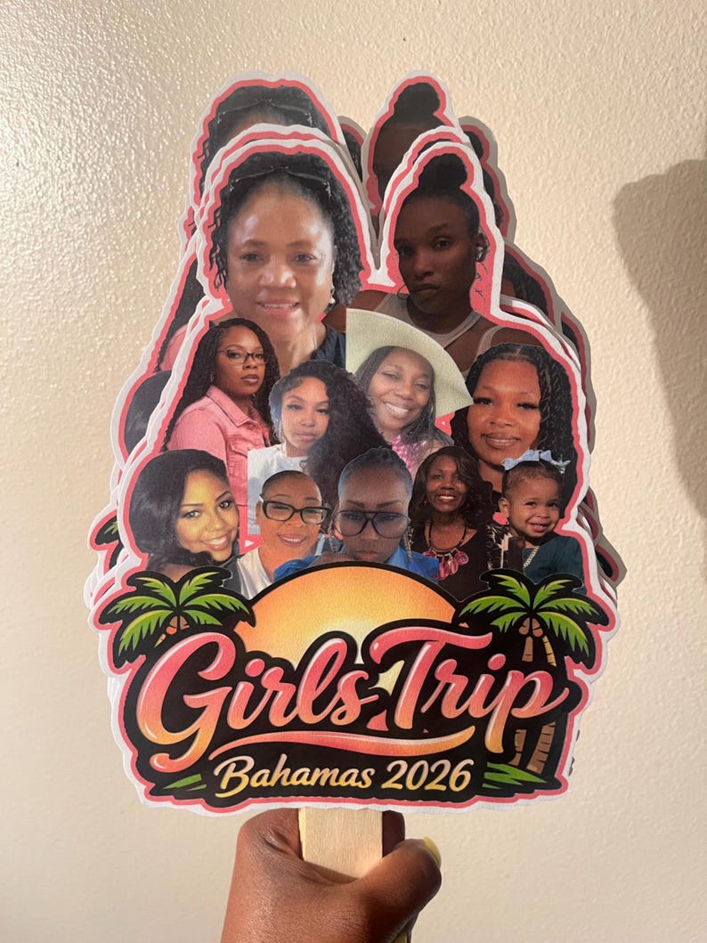 May include: A custom photo collage fan featuring multiple portraits of individuals arranged in a layered design. The base includes a sunset graphic, green palm trees, and the text Girls Trip Bahamas 2026 in a stylized pink and orange gradient font.