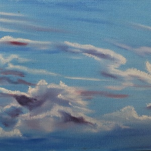 雲の絵、ピンクと紫の空。オリジナルの油絵、5x7 油絵パネル