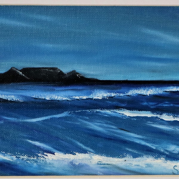 Table mountain, Crashing Waves Painting ,  Ocean Wave Art, Abstract Small Oil Painting  Framed,  Seascape Cape Town South Africa