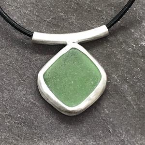 Handmade Green Seaglass Pendant, Sterling Silver & Leather Cord Necklace