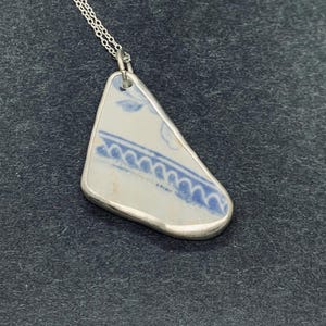 Blue Willow beach pottery necklace - handmade patterned sea pottery pendant