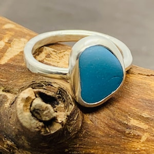 Handmade silver seaglass ring for ladies - size K unusual ring for women, birthday or friendship gift - blue seaglass jewellery