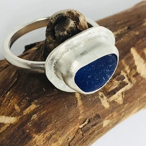 Blue seaglass ring - size O ladies ring - handmade sterling silver jewellery