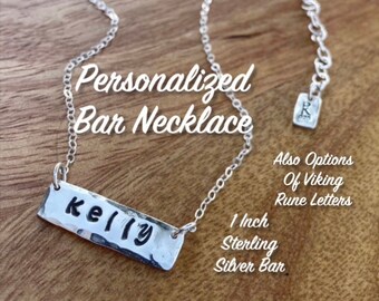 Personalisierte 925 Bar Halskette horizontal, Namenskette, Individualisierbar für sich selbst oder als Geschenk mit 3" verstellbarer Kette, Massives Sterling Silber