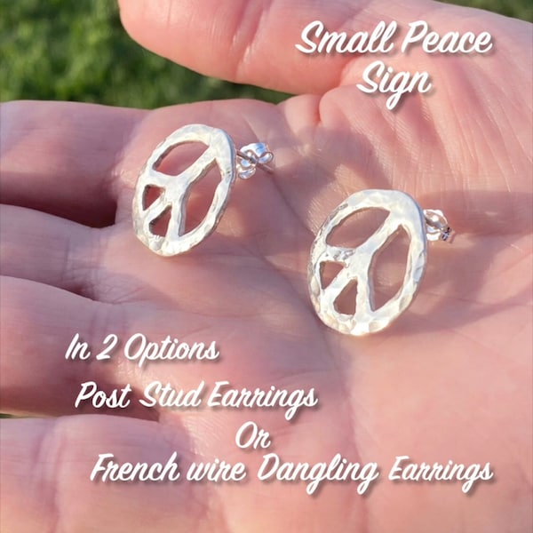 Peace Sign 925 Earrings Hammered Sterling Silver In 2 Options Stud Or French Wire, Elegant Fashion And Casual Timeless Everyday Earrings.