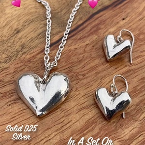 Heart Necklace In Solid 925 Silver With Matching Dangling Heart Earrings Comes In 2 Options Sold Separate Or In A Set, And 3 Options Of Size