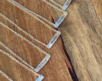 Horizontal 925 Bar Necklace, Inspiration Necklaces -Love, Hope, Faith, Breathe, Believe - Positive Message, Word Necklaces, Recycled Silver