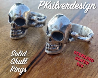 Skull Ring In Solid Sterling Silver 925 Hand Made In 2 Options With Bone In Silver On The Side Of The Ring Unique Design Full And Half Sizes