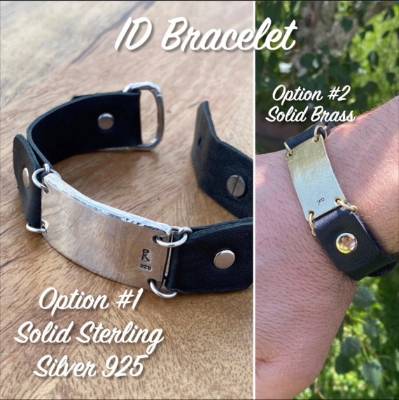 Designer ID 925 Bracelet Men & Women Smooth Solid Sterling Silver Or Solid Brass With Black Soft Leather Band Comfortable Fit, Edgy / Unisex
