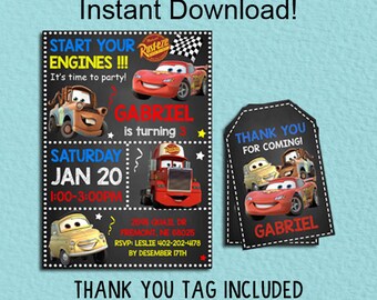 Disney Cars Invitation, Disney Cars Instant Download, Disney Cars Birthday Invitation, Editable PDF Template, Cars Thank You Tags