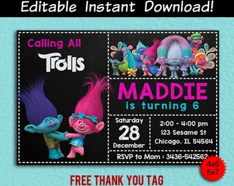 Trolls Invitation, Trolls Invitation Instant Download, Trolls Editable, Trolls Editable Invitation, Trolls Invites, Trolls Thank You Tags