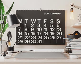 Calendario da parete dal design minimalista 2026 (file digitali PDF per la stampa a casa) pagine in bianco e nero