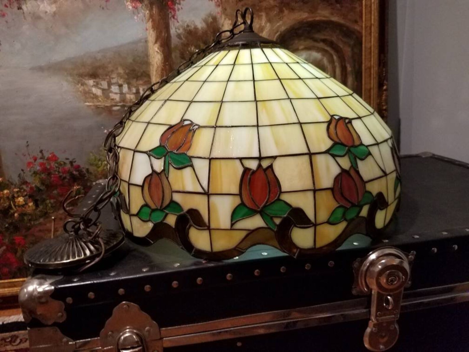 Vintage Pendant Stained Glass Light Beige and Brown Stained Glass