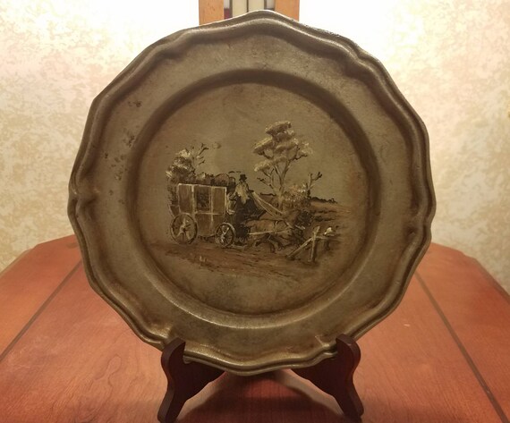 Antique Aluminum Wall Decor Plate Hand Painted Country Scene Image 0