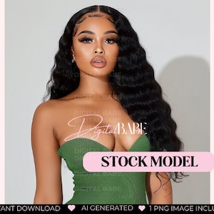 May include: A woman with long, dark wavy hair wearing a green strapless top. The text "STOCK MODEL" is superimposed on the image.