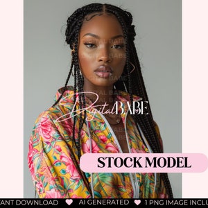 May include: A woman with long black braids wearing a yellow, pink and green floral print jacket. The text "STOCK MODEL" is on a pink banner.