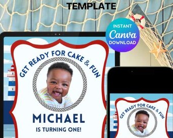 Customizable Nautical Sailor Party Invitation- Digital Party Invite -Sailor Boy Birthday Decor - Ship Nautical Sea Theme - Canva Template