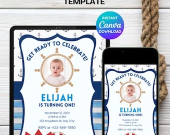 Customizable Nautical Sailor Party Invitation- Digital Party Invite -Sailor Boy Birthday Decor - Ship Nautical Sea Theme - Canva Template