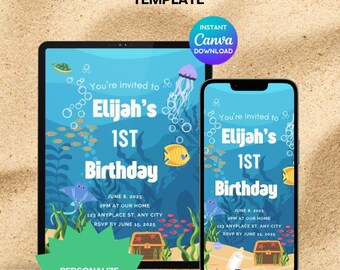 Invitación personalizable con temática submarina - Invitación digital para fiesta - Decoración submarina para niños - Fiesta del tesoro para cumpleaños de niños - Plantilla Canva