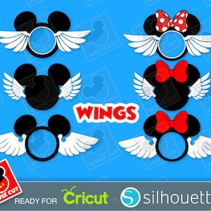 Könnte beinhalten: Eine Sammlung schwarzer Mickey Mouse-Kopf-Silhouetten mit weißen Flügeln, einige mit roten Schleifen oder gepunkteten Schleifen und einem kreisförmigen Raum in der Mitte. Das Wort "WINGS" ist rot dargestellt. Bereit für Cricut und Silhouette.