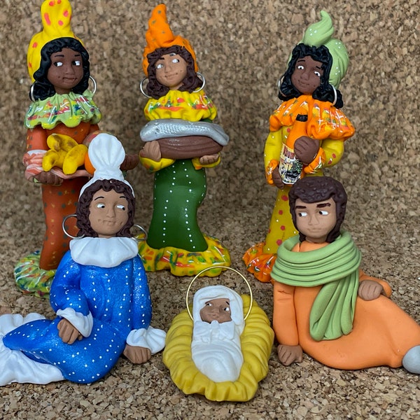 Nativité Antillaise, santons, Marie Joseph et Jésus, et les doudous mages, crèche de Noël, fabrication artisanale, pâte fimo, 7CM