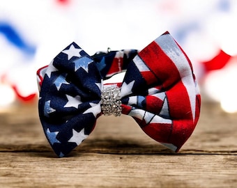 American Flag Cat Collar, Rhinestone Bow Tie, Breakaway Safety Buckle