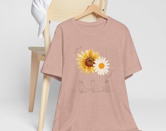 Sunflower Cat Line Art T-Shirt: Unisex Jersey Tee