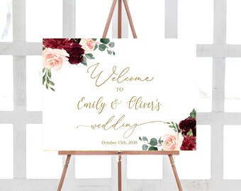 Wedding Welcome Sign Landscape, Bridal Sign Printable, Rustic Burgundy Blush Gold, Dusty Rose Maroon, Wedding Party, Editable Template BG15