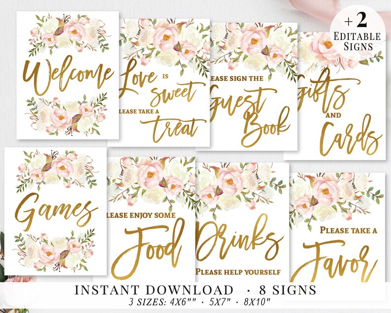 Bridal Shower Symptoms Fixed, Printable Bridal Signs or symptoms Package, Bridal Signage, Gold Blush White Flower, Wedding ceremony Occasion Signs and symptoms, Editable Template BG02 photo regarding Printable Bridal Shower Signs referred to as Bridal Shower Indications Preset, Printable Bridal Signs and symptoms Deal, Bridal Signage, Gold Blush White Flower, Wedding ceremony Social gathering Symptoms, Editable Template BG02