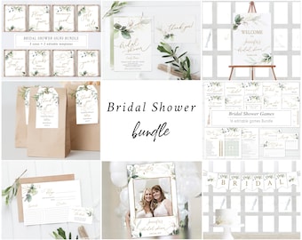 Greenery Bridal Shower Bundle Set, Printable Bundle, Bridal Invitation Kit, Eucalyptus Leaves Foliage, Editable Template, EG12