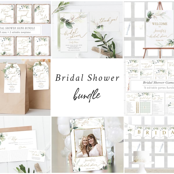 Greenery Bridal Shower Bundle Set, Printable Bundle, Bridal Invitation Kit, Eucalyptus Leaves Foliage, Editable Template, EG12