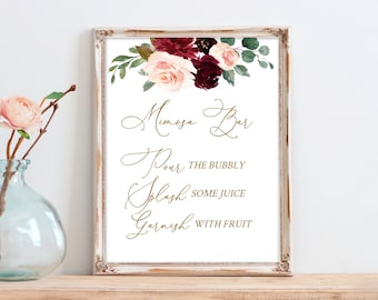 Burgundy Mimosa Bar Sign, Bridal Sign Printable, Rustic Burgundy Blush Gold, Dusty Rose Maroon, Editable Template Corjl BG15