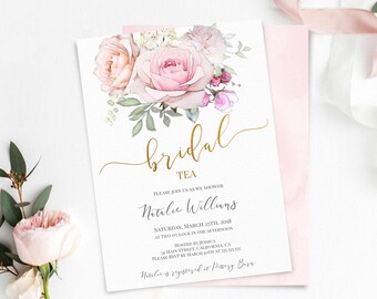 Bridal Tea Party Invitation, Printable Bridal shower Invite, Floral Blush Pink Watercolor, Editable Template Corjl, Bridal Tea Shower