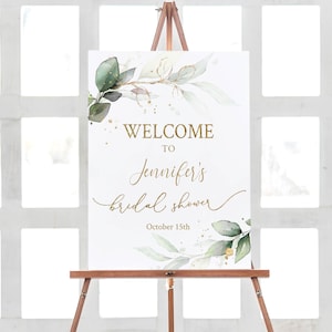 Bridal Shower Welcome Sign, Printable Bridal Sign, Editable Template Corjl, Greenery Eucalyptus Leaves Foliage, Gold Calligraphy, EG12